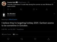 Windows 11稳定版何时发布：消息称最快今年10月