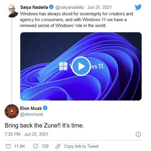埃隆·马斯克评价Windows 11：“让Zune回来！”