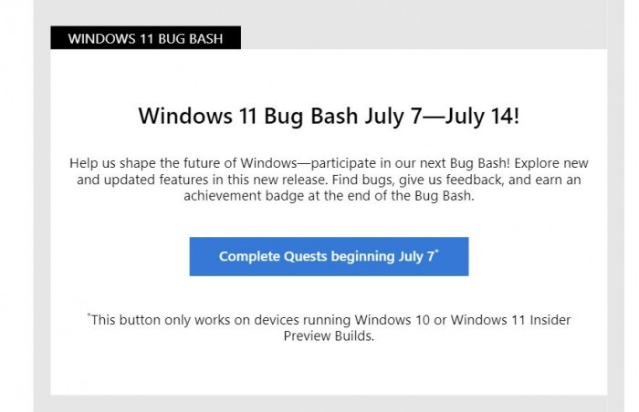 微软：Win11首个Bug Bash已经于7日启动