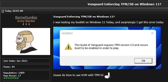 Valorant开始要求Win11玩家开启TPM与安全启动