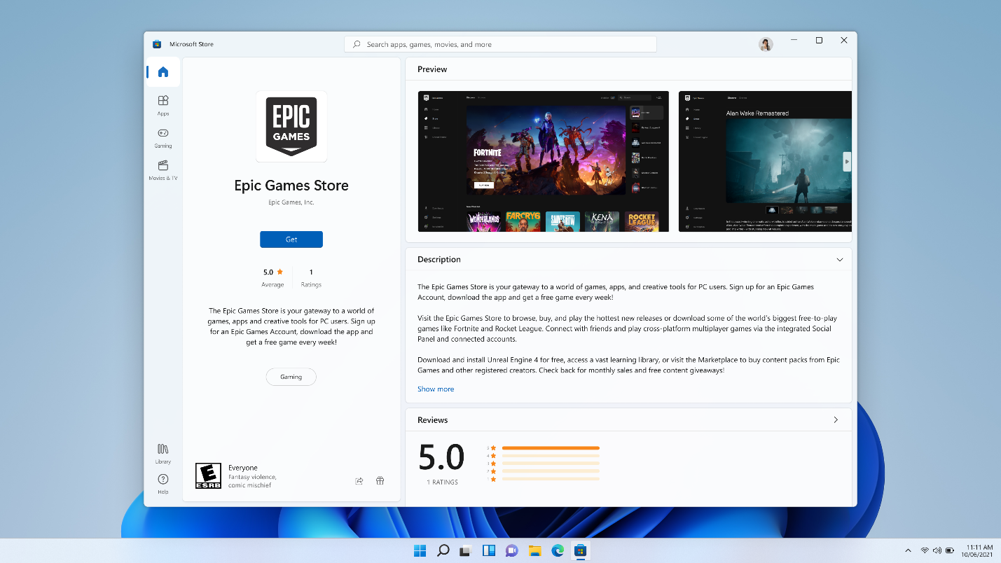 Win11正式版将至：允许亚马逊、Epic Games等第三方应用商店登陆Microsoft Store