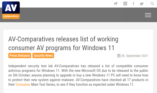 AV-Comparatives公布Windows 11反病毒软件兼容性列表
