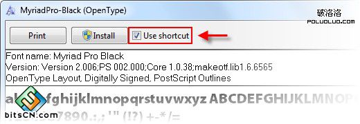 在 Windows7 上安装字体快捷方式：勾选“use shortcut” -快享quickshare.com.cn